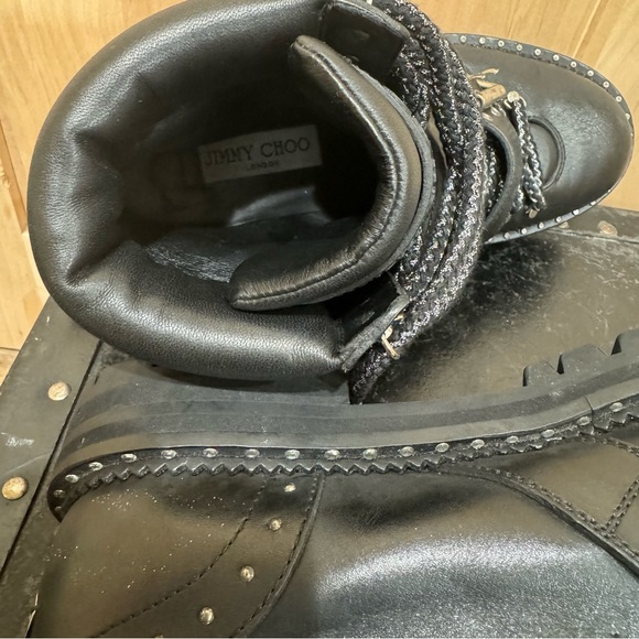 Jimmy Choo Calfskin Breeze Biker Combat Boots Sz 37.5 Black Moto Buckle Studded - Picture 15 of 16